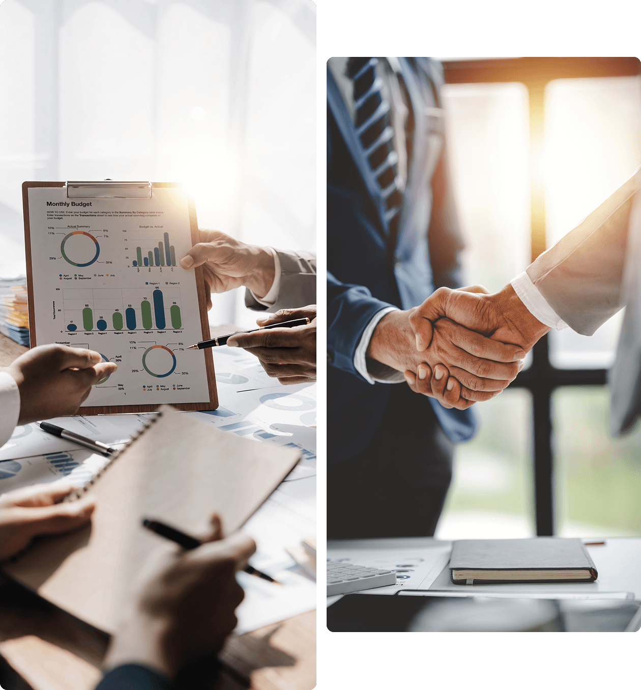 h2 Business meeting charts and handshake agreement.
