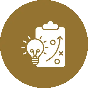 A brown circle with an image of a light bulb and a clipboard.