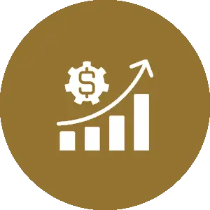A brown circle with an image of a graph and dollar sign.